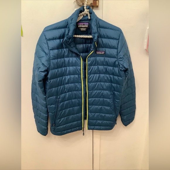 Patagonia Men's Down Puffer Jacket Teal Blue With Lime Yellow Zipper Size XS - Picture 10 of 12